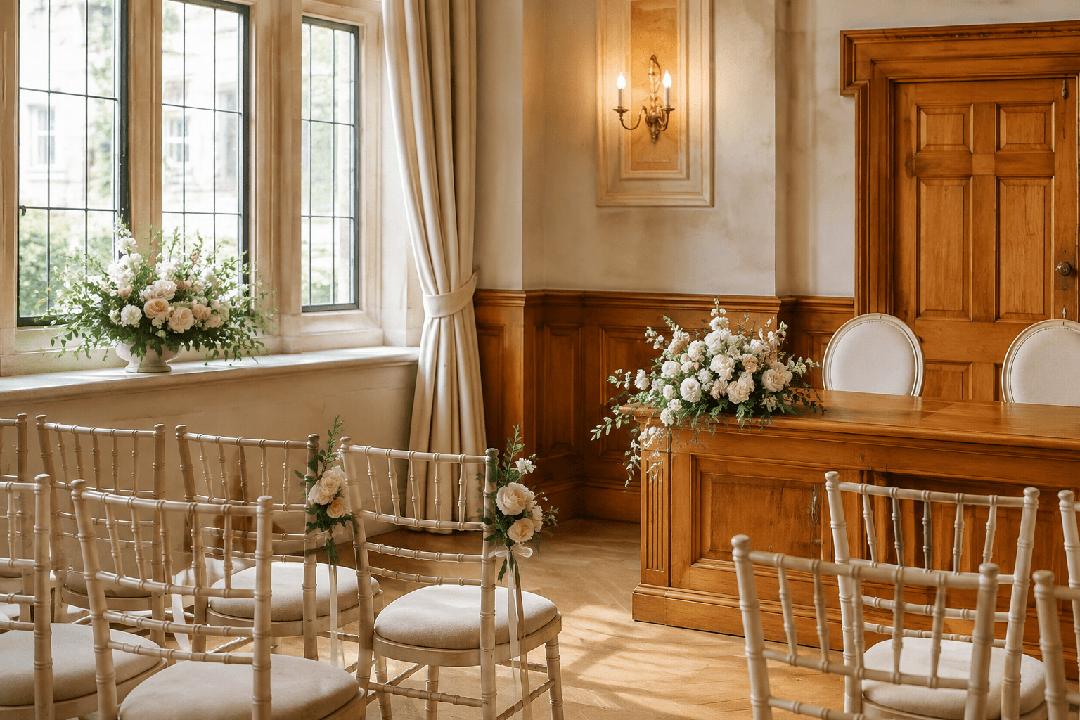 An intimate town hall ceremony room with flowers and soft light