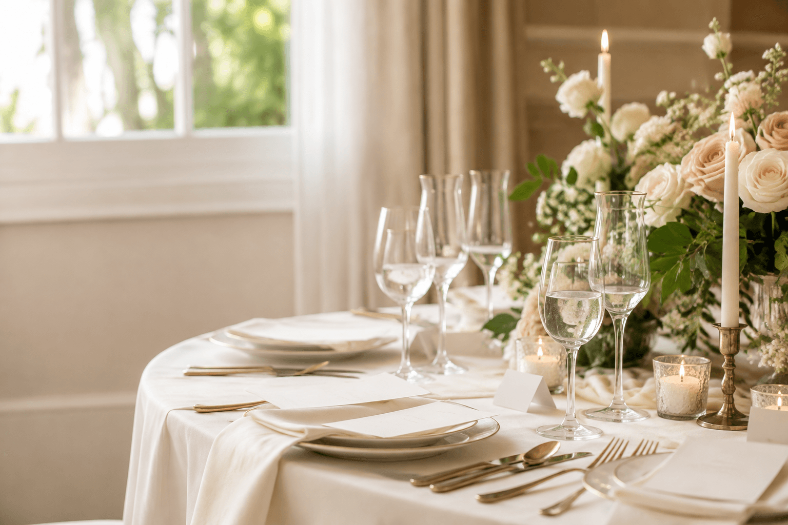 A light wedding reception table set with flowers and candles