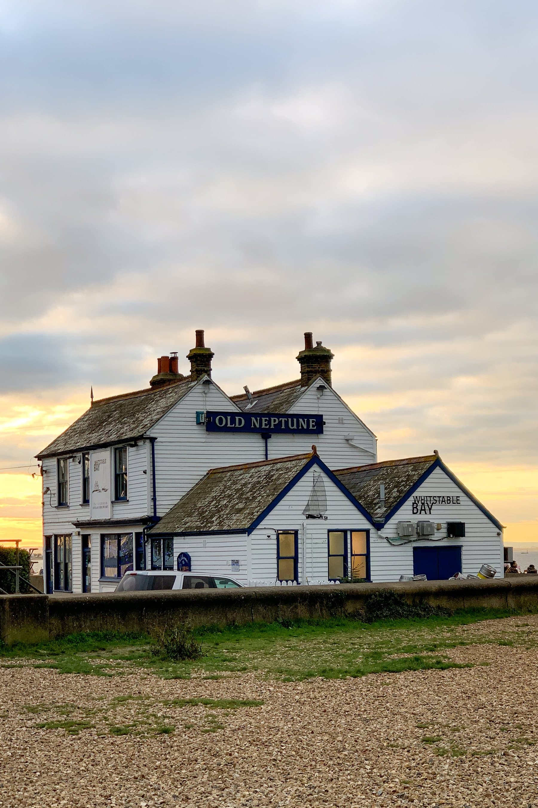 The Old Neptune pub on Whitstable seafront at sunset